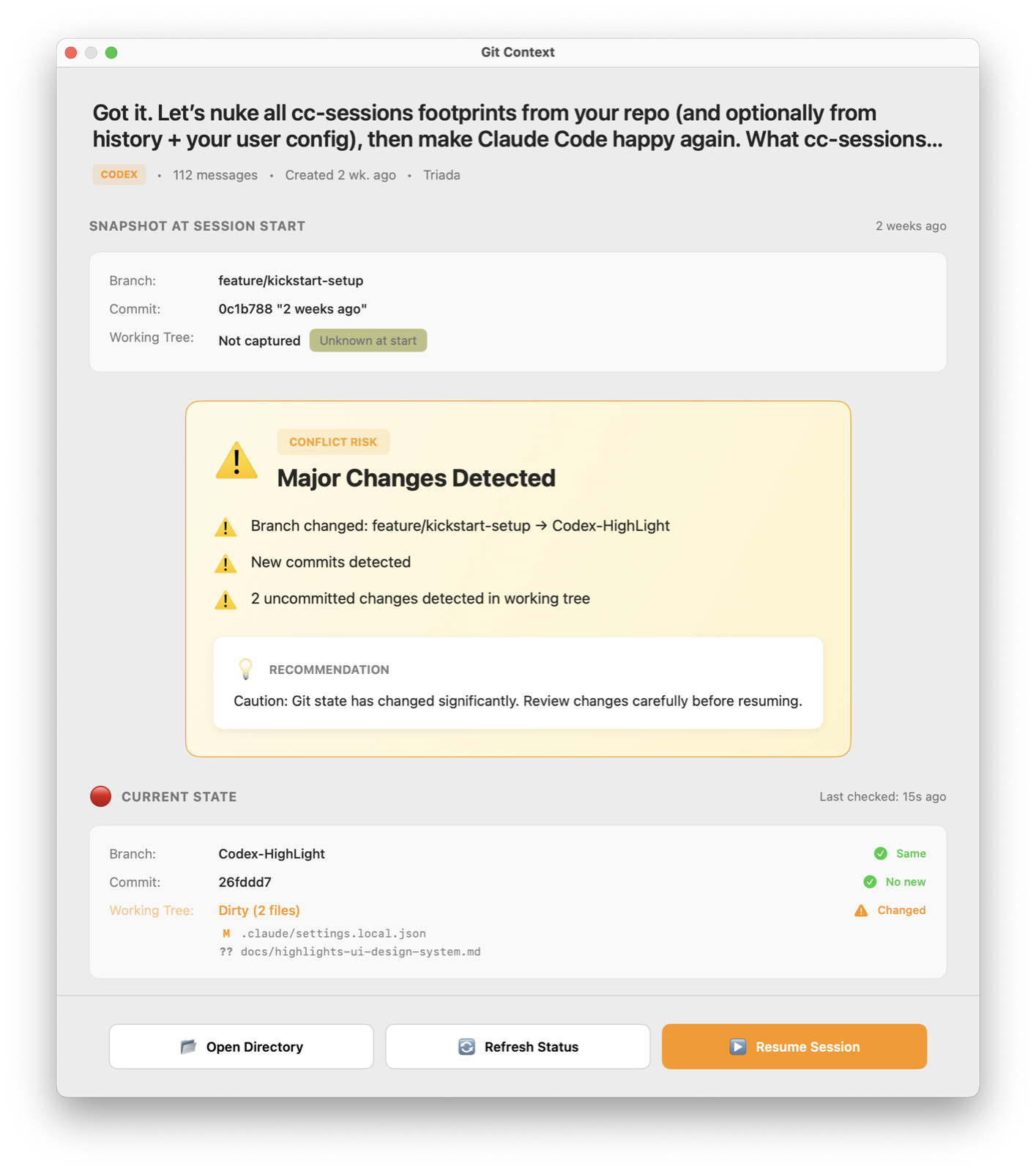 Git Context Inspector showing repository state and historical diffs (Light Mode)