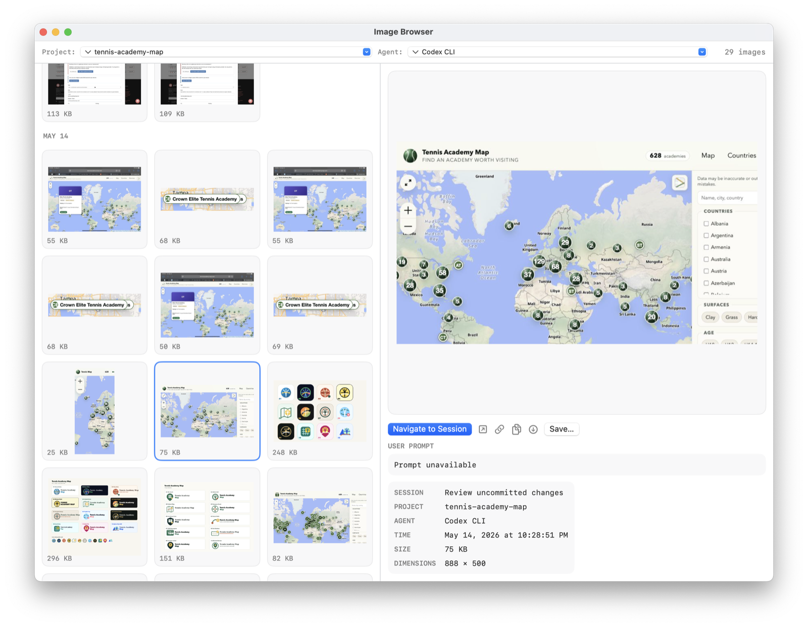 Image Browser window with thumbnail grid and selected screenshot preview