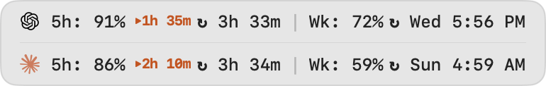 Small Limits Widget showing Codex and Claude 5h and weekly usage