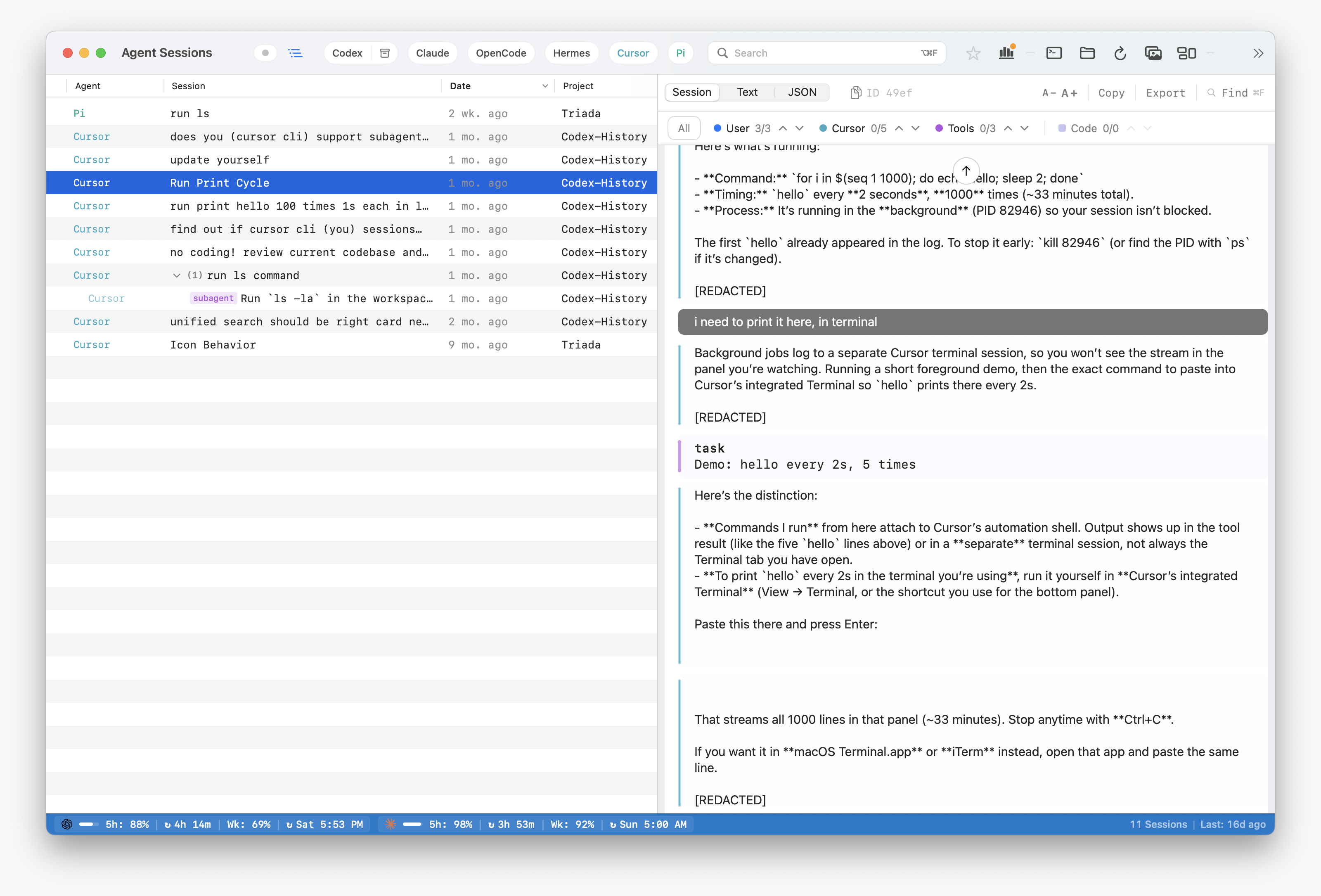 Agent Sessions showing Cursor Agent sessions filtered in the local history browser.