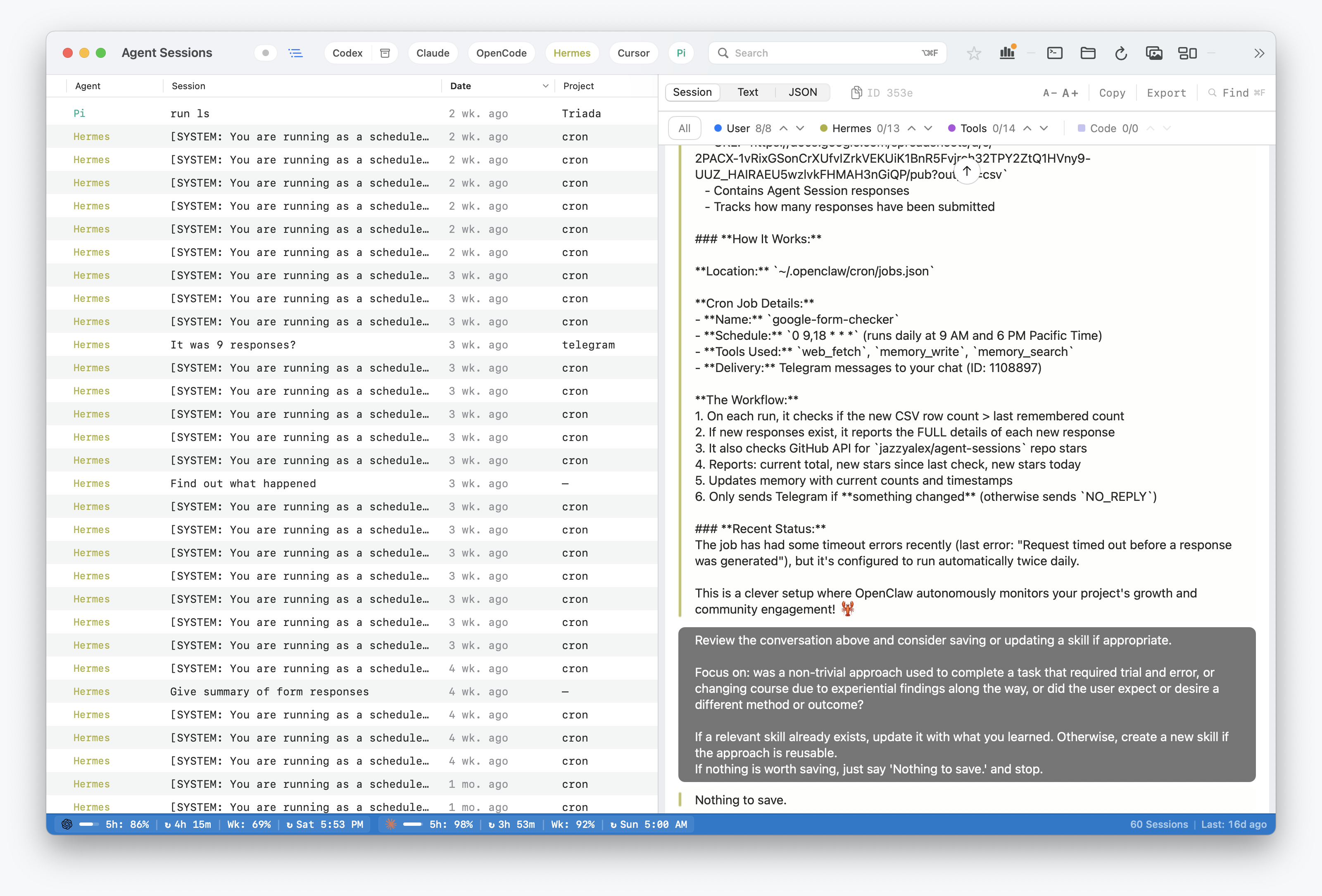 Agent Sessions showing Hermes sessions filtered in the local history browser.