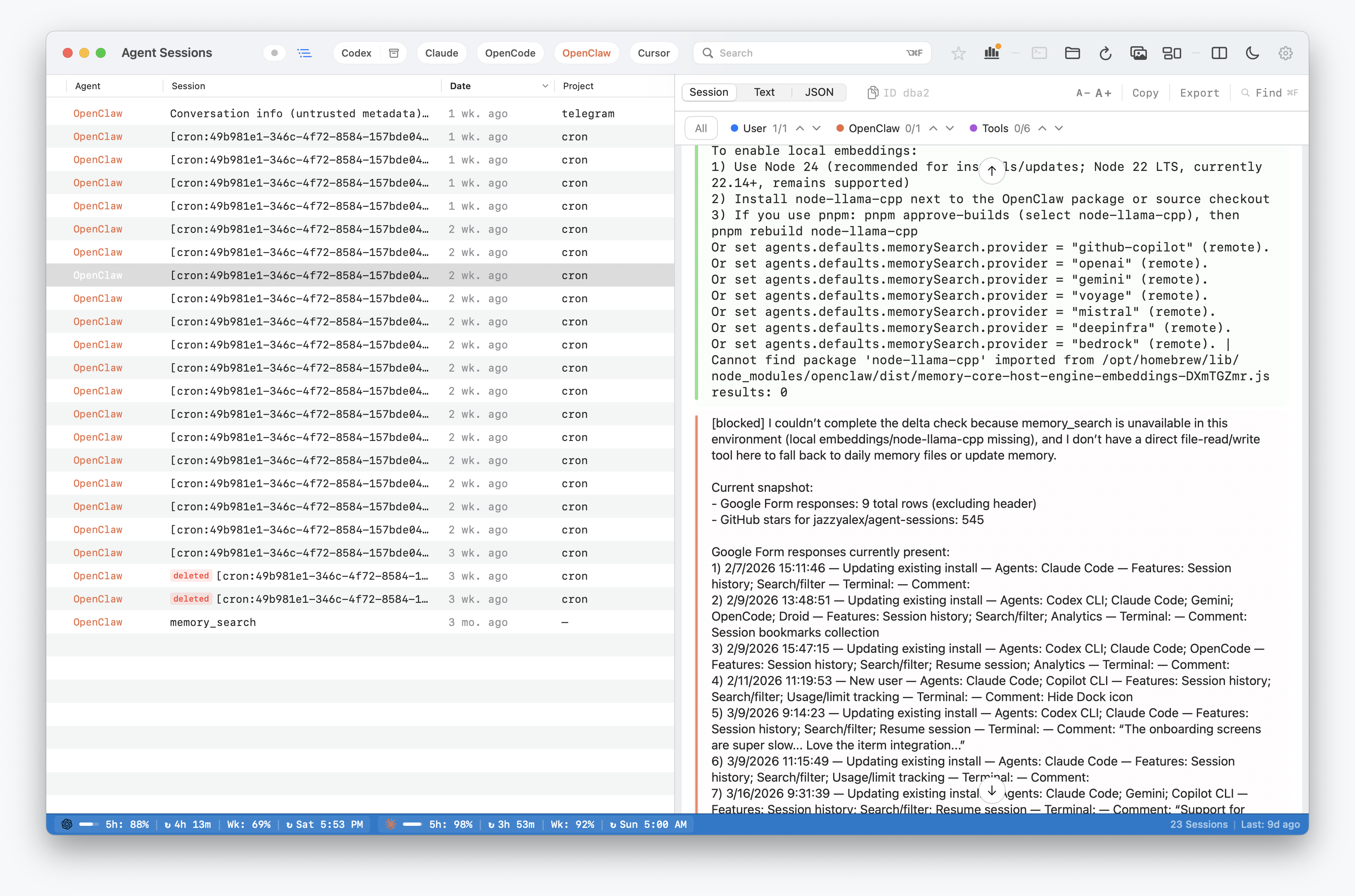 Agent Sessions showing OpenClaw sessions filtered in the local history browser.