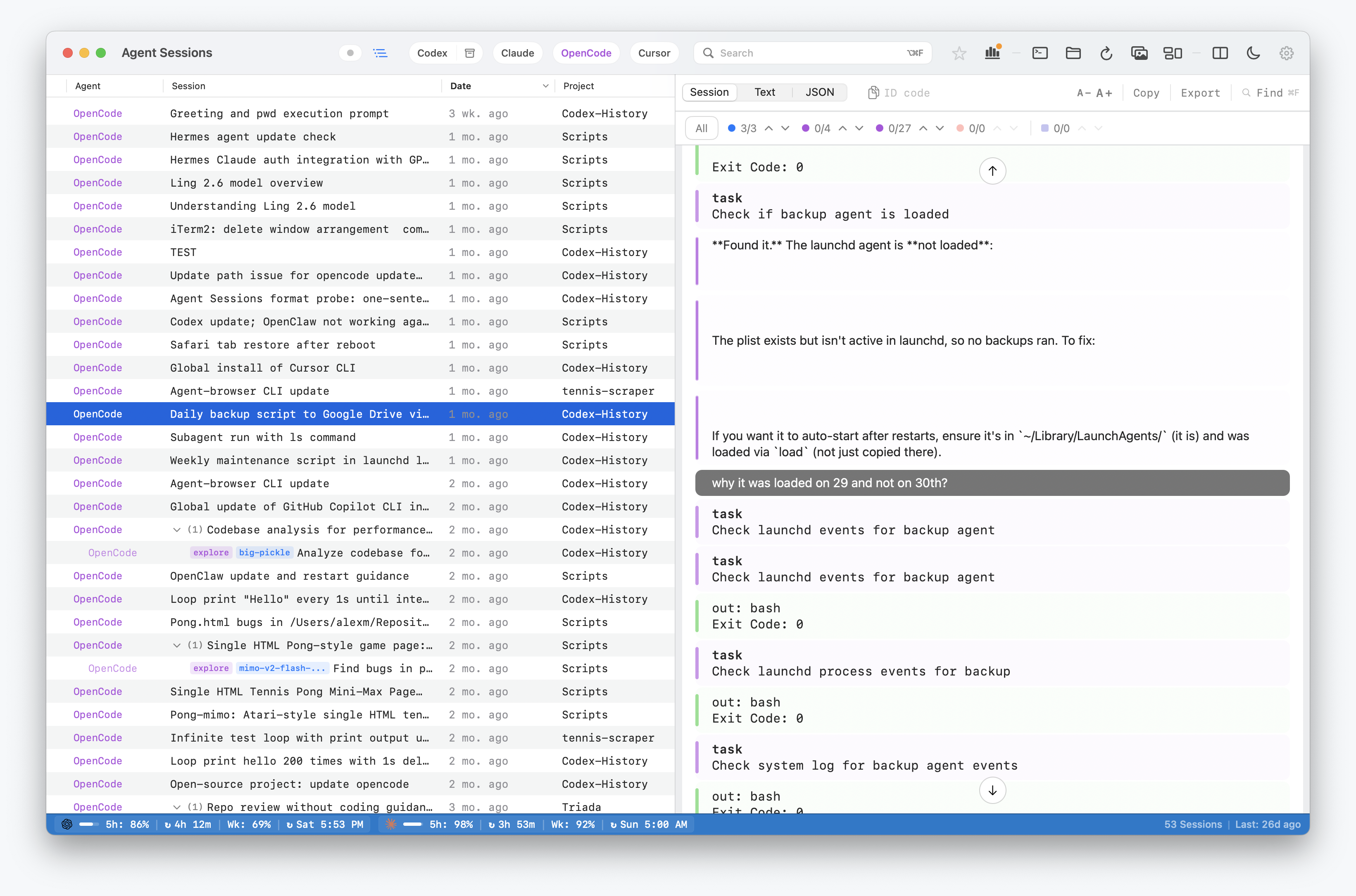 Agent Sessions showing OpenCode sessions filtered in the local history browser.