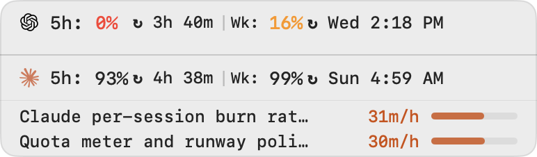 Quota Meter with Session Runway per-session burn-rate bars for Codex and Claude