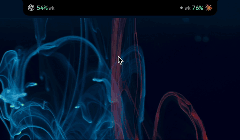 Quota Meter in the MacBook notch: Codex and Claude weekly levels beside the camera open into the full meter with per-session burn rates on hover