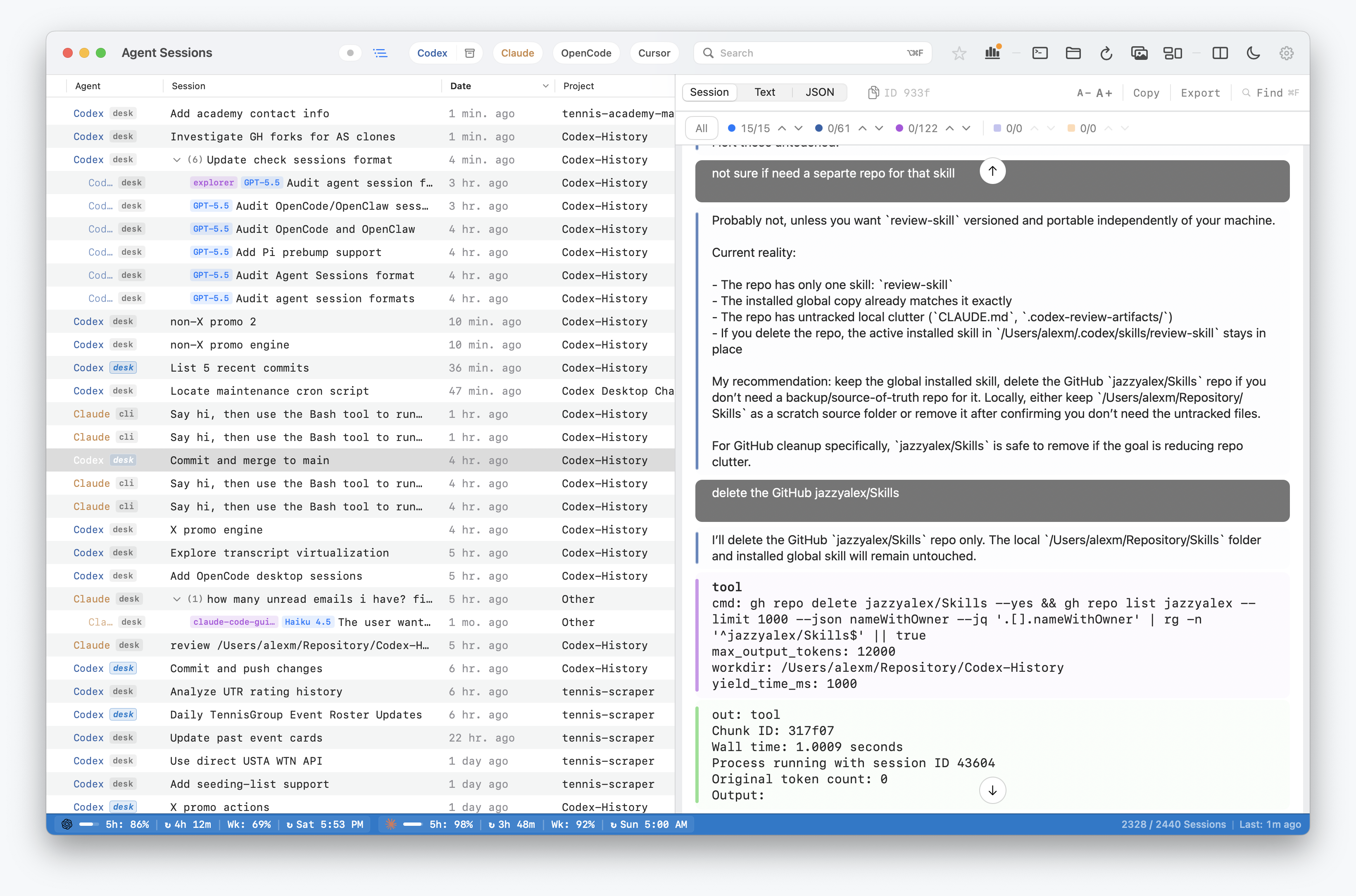 Main Sessions window with local agent history and transcript preview