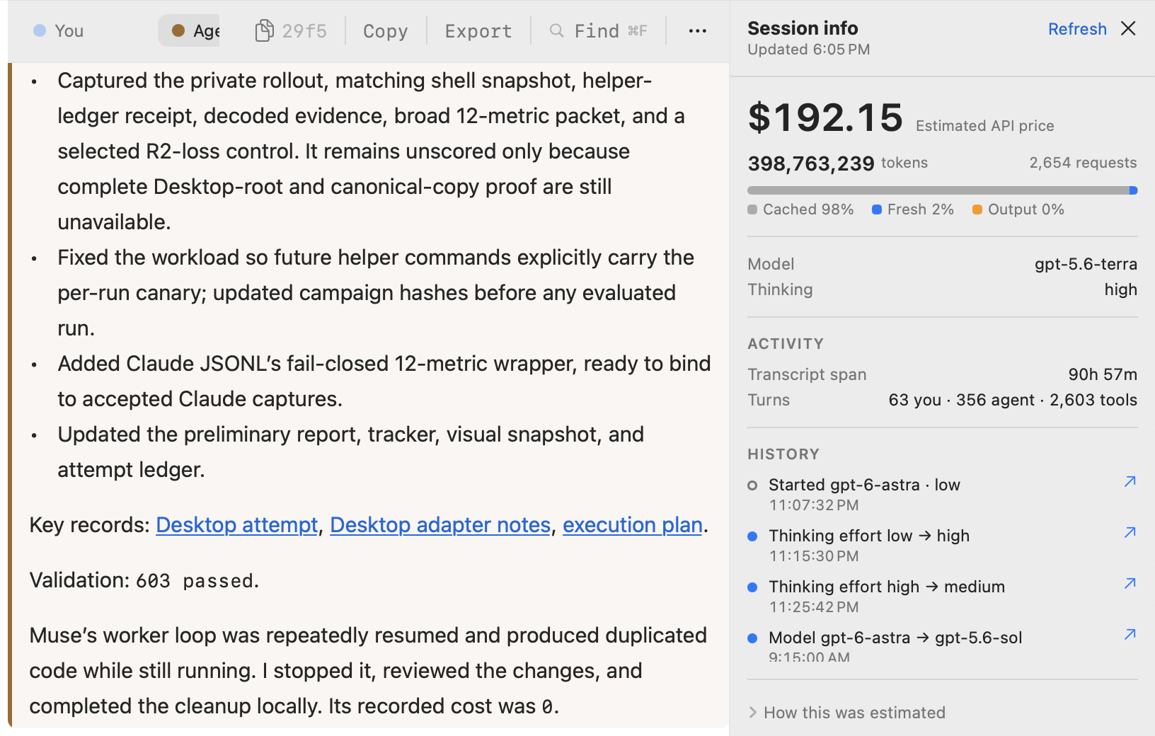 Session Info beside a Codex transcript, showing price at API rates, a 98% cached token mix, model and thinking effort, activity, and a history of model and effort changes
