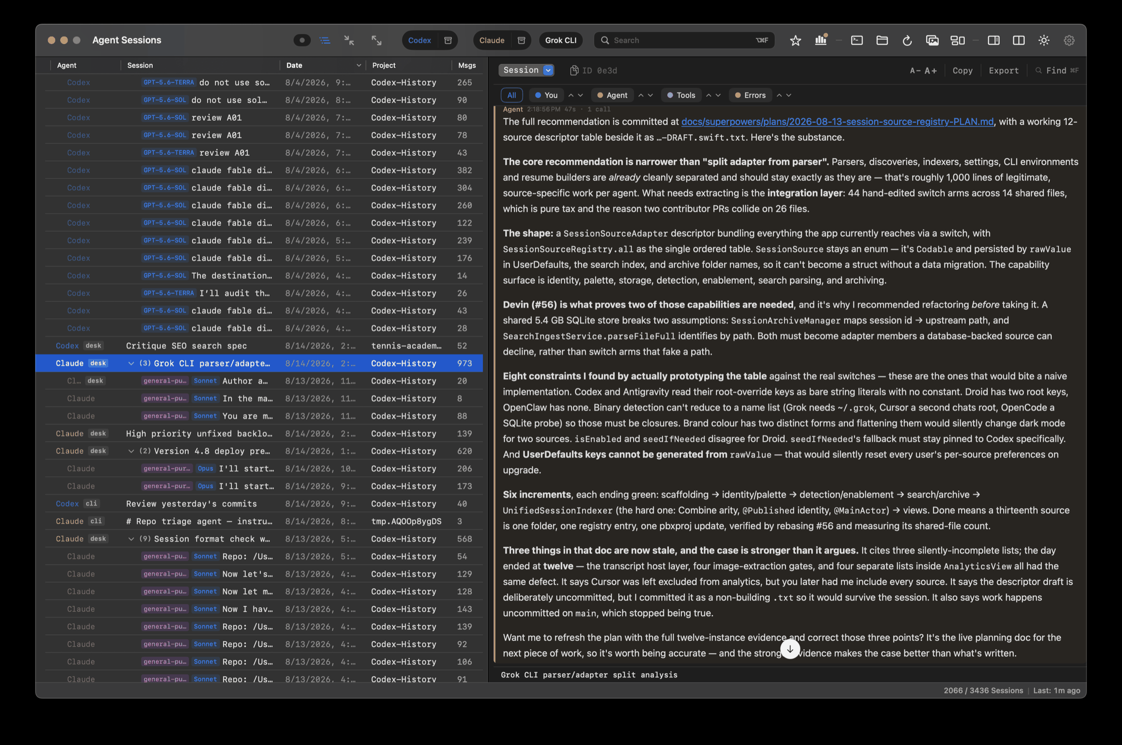 Agent Sessions main window: Codex and Claude sessions in one list with surface badges and model pills, subagents nested under the session that spawned them, and the transcript open beside it