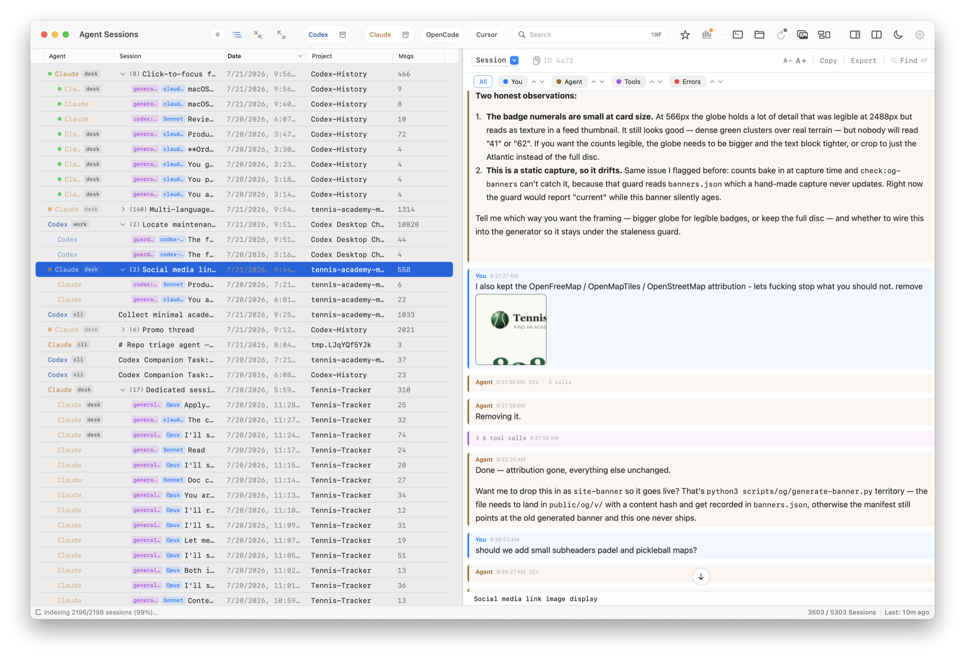 Main Sessions window with local agent history and transcript preview