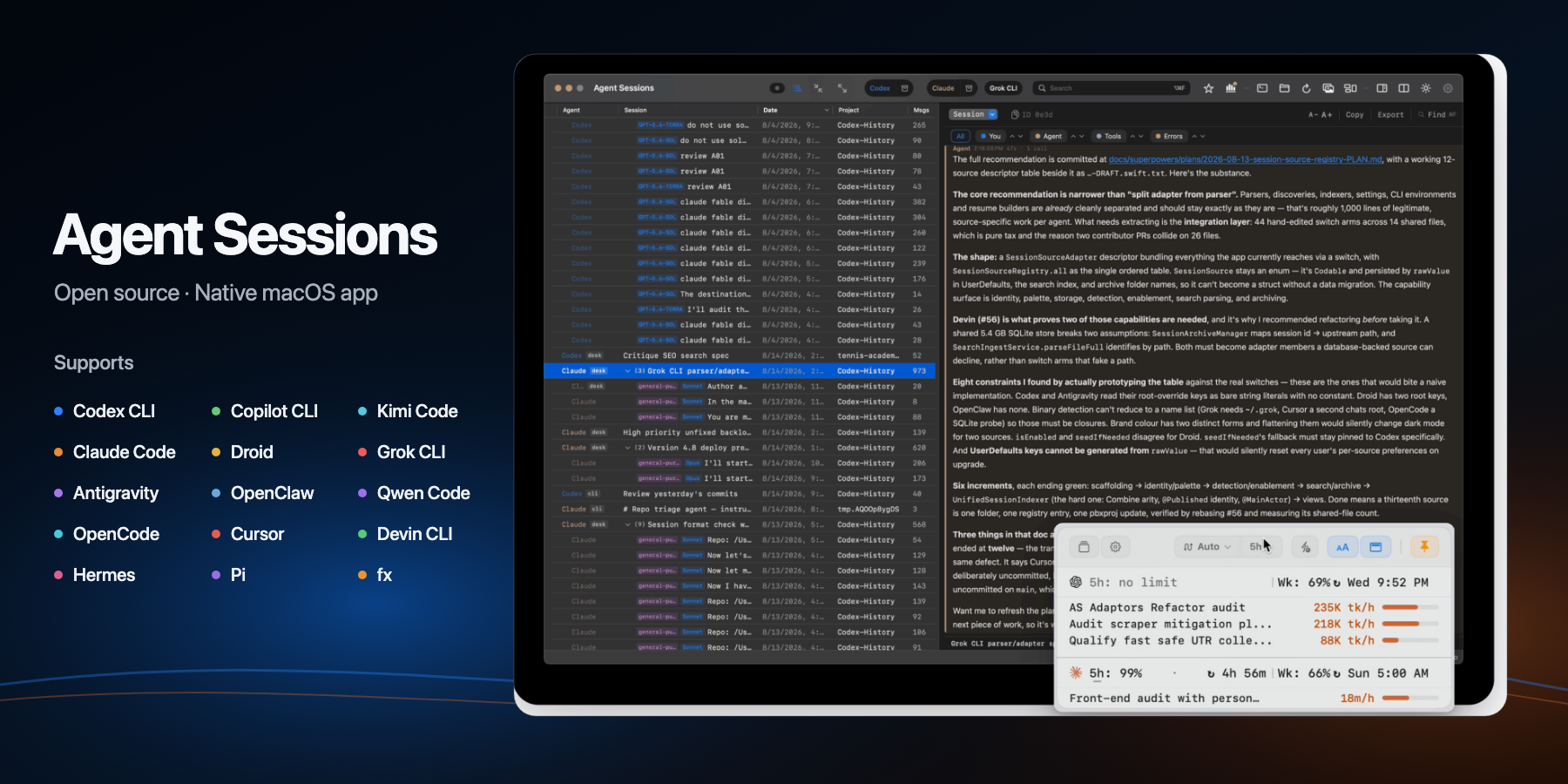 Agent Sessions X banner with supported agents and native macOS app screenshot