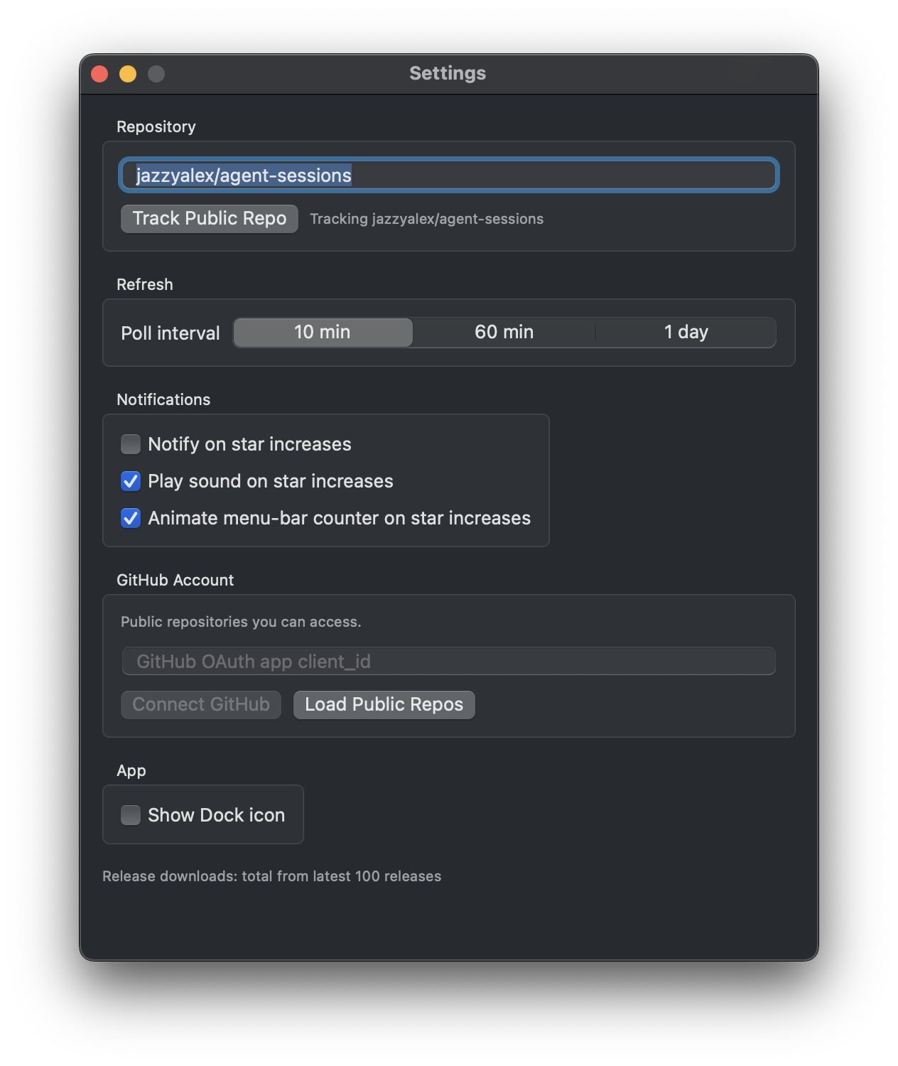 Stargazer Bar settings window in dark mode, showing repository tracking, refresh interval, notifications, and GitHub account
